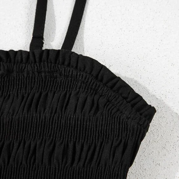 B249 Black Spaghetti Straps Shirred Bodice Pocketed Wide Leg Jumpsuit - Picture 10 of 16